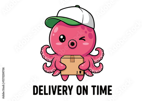 Cartoon Pink Octopus Delivery Mascot with Cap Holding Cardboard Box.