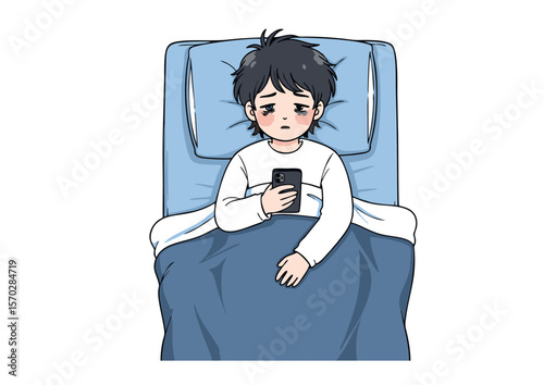 Cartoon Man Lying in Bed with Phone Dark Circles Sleepy.