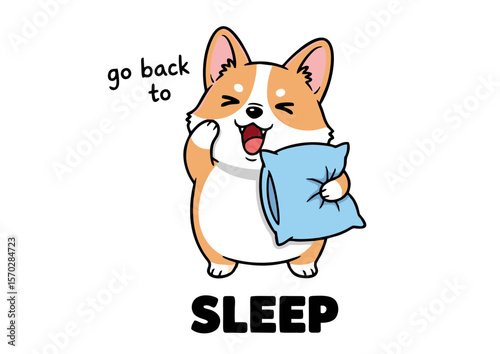 Cute Corgi Character Holding Pillow Ready for Sleep.