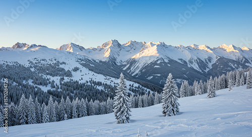 Snow covered pine forest and majestic mountains under a clear blue sky
