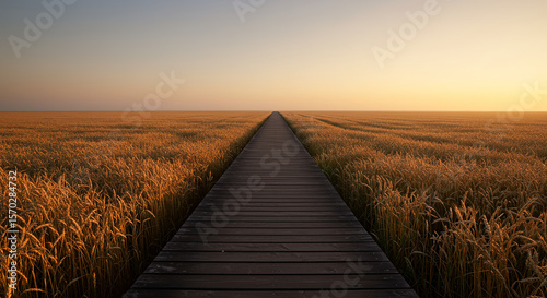 Wooden boardwalk through golden wheat field under a soft sunset sky
