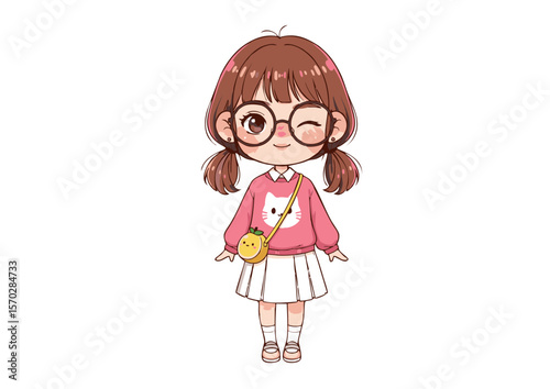 Cute Cartoon Girl in Pink Sweater and White Skirt with Glasses and Cat Design.