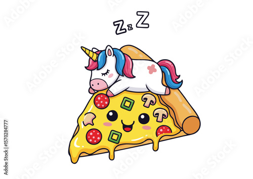 Cute Sleeping Unicorn on a Pizza Slice with Melted Cheese.