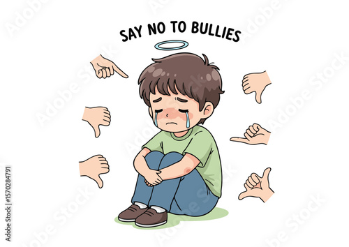 Cartoon Boy Crying Surrounded by Thumbs Down and Pointing Hands.