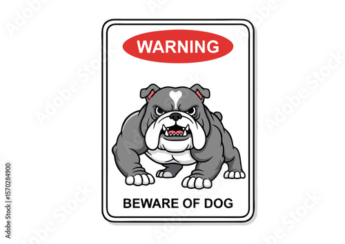 Cartoon Bulldog Warning Sign: Grey Muscular Dog with Aggressive Expression.