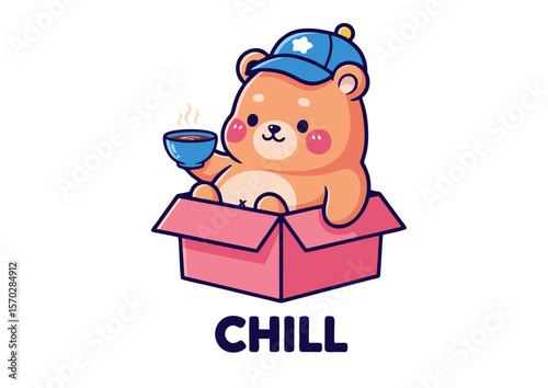 Cute Bear in a Box with Coffee Relaxing and Chill.