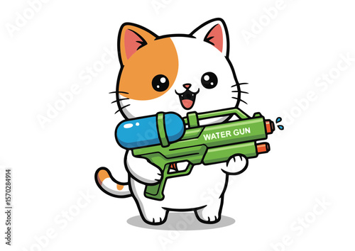 Cartoon Cat Holding a Green Water Gun with Blue Reservoir.