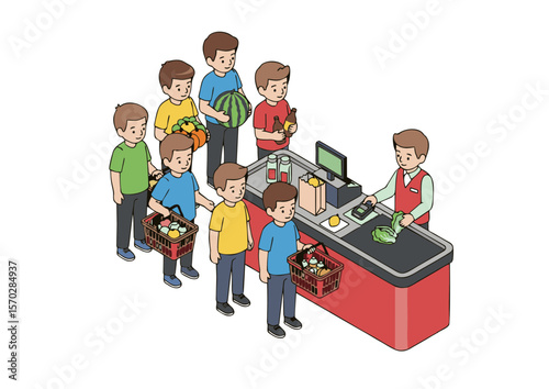 Cartoon Supermarket Queue at Checkout with Customers and Produce.
