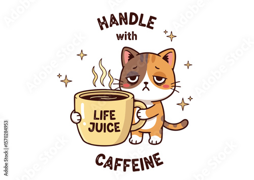 Sleepy Cartoon Cat Holding Coffee Mug Labeled Life Juice with Steam.