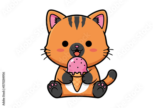 Cute Cartoon Cat Eating Ice Cream Cone.