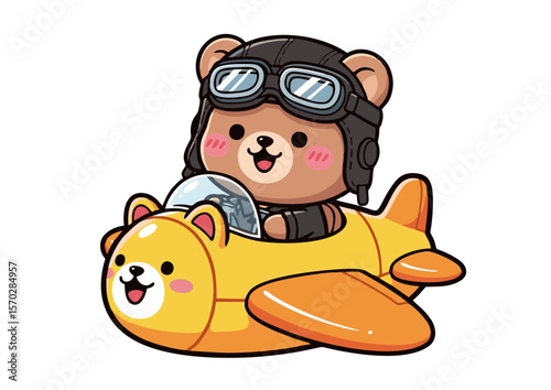 Adorable Brown Bear Pilot in Yellow Airplane Cartoon.