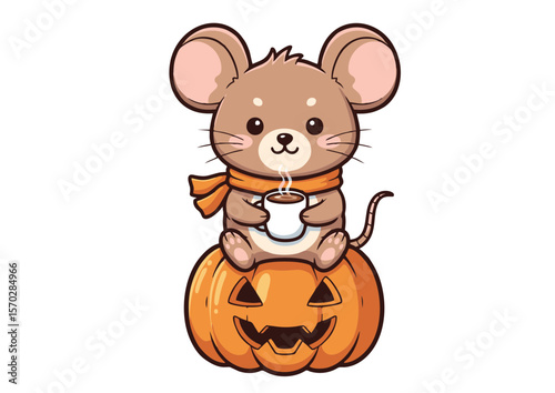 Adorable Cartoon Mouse with Orange Scarf Sitting on a Jack-o-lantern Enjoying a Warm Drink.