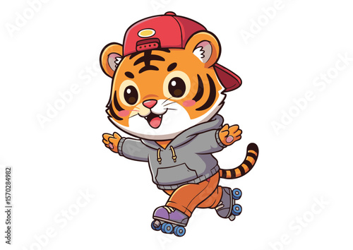 Cartoon Tiger Roller Skating with Red Cap and Gray Hoodie.