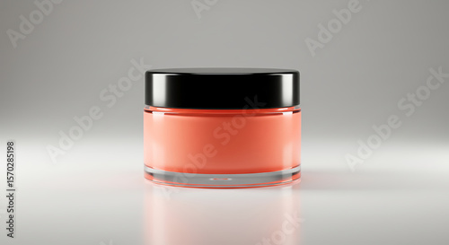 Elegant coral cream jar with sleek black lid on reflective surface