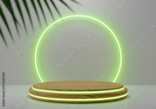 Modern wooden product display podium with green neon ring and leaf shadow