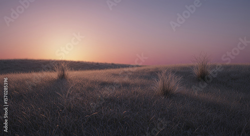 Serene grassy field bathed in the soft glow of a pastel sunset