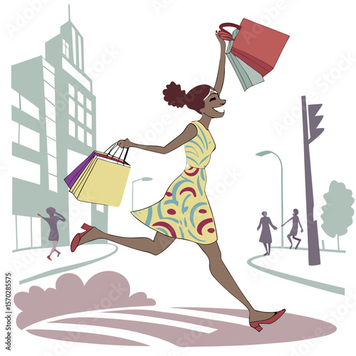 Woman running across a crosswalk with shopping bags in hand in a city with buildings and streetlights