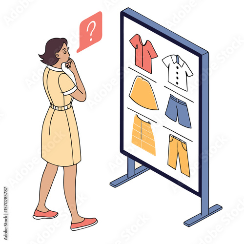 Woman contemplating clothing options displayed on a rack with a question mark thought bubble above her head