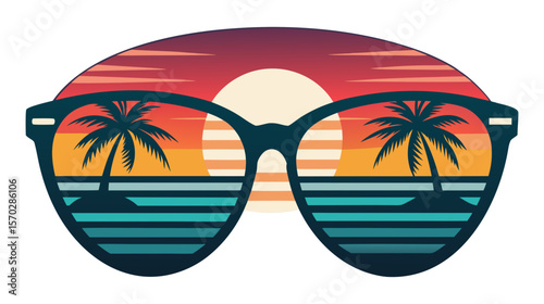 A stylized pair of sunglasses reflecting a vibrant beach sunset scene with palm trees and ocean waves, evoking summer and vacation vibes.
