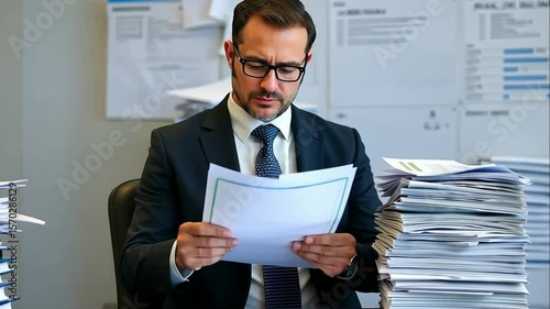 Businessman reviewing documents amidst paperwork