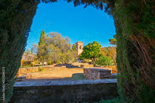 View from the exterior gardens of the Convent of San Francisco Parador de Granada inside the Alhambra complex in Granada, Spain.