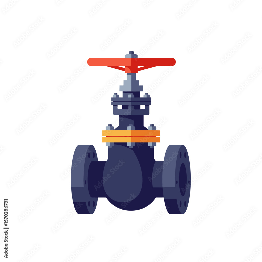 Fototapeta premium Industrial valve with red handle, blue body, orange bolts