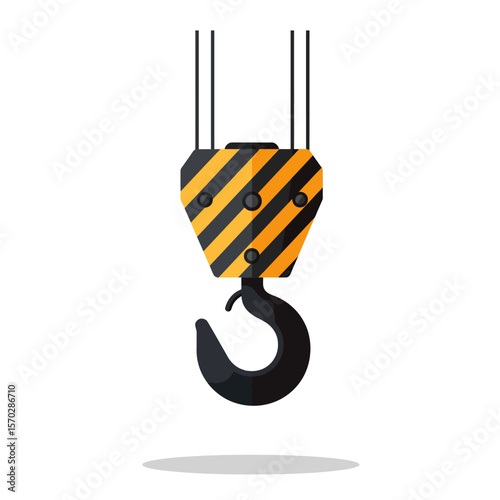 Heavy Duty Crane Hook with Hazard Stripes on White Background