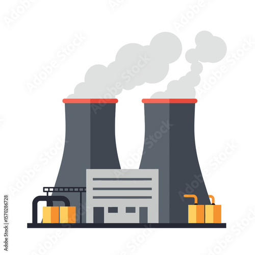Nuclear Power Plant Vector Illustration with Smokestacks