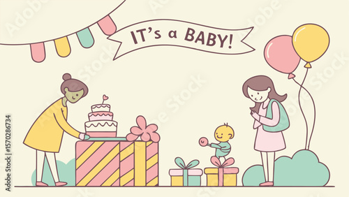 Illustration of a baby shower scene with gifts, cake, balloons, and two women celebrating the baby