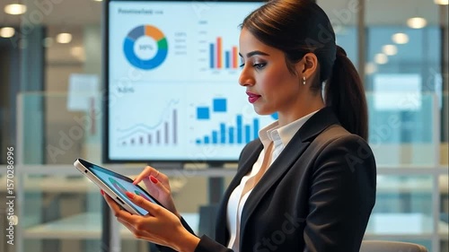 Businesswoman Analyzing Data on Tablet, Charts on Screen
