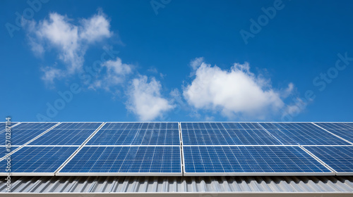 Wallpaper Mural Solar Panels on a Roof:Clean energy, sustainability, and eco-friendly living are represented by this image featuring solar panels efficiently harnessing sunlight against a vibrant blue sky. Torontodigital.ca