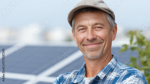 Smiling man standing confidently in front of solar panels, promoting renewable energy and sustainability for a greener future.