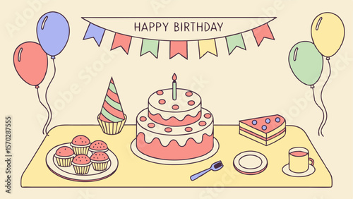 A birthday celebration scene featuring a two tiered cake balloons cupcakes and festive decorations on a table
