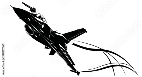 Black Silhouette of a Fighter Jet in Flight with Contrails