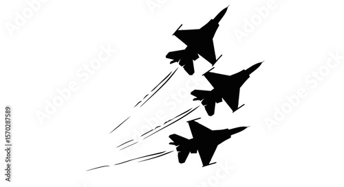 Three Black Fighter Jets in Formation, Dynamic Silhouette Flight