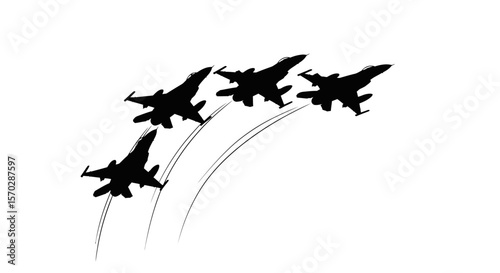 Silhouetted Formation of Jet Fighter Planes in Flight, Black and White