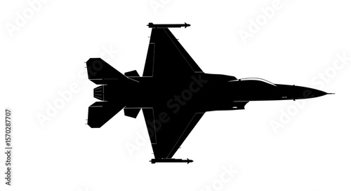 Black Silhouette of a Fighter Jet in Flight, Top View