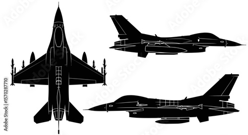 Black Silhouette of a Fighter Jet in Multiple Views
