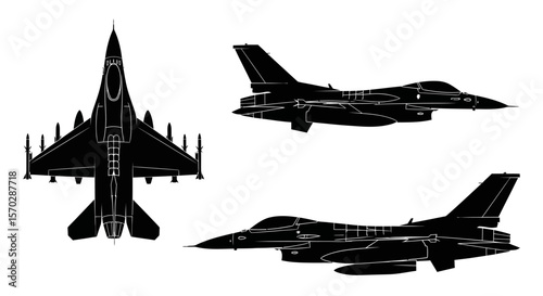 F-16 Fighting Falcon Fighter Jet Silhouettes: Top, Side, and Three-Quarter Views