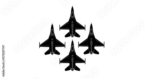 Four Black Fighter Jets Arranged in a Diamond Formation, Top View