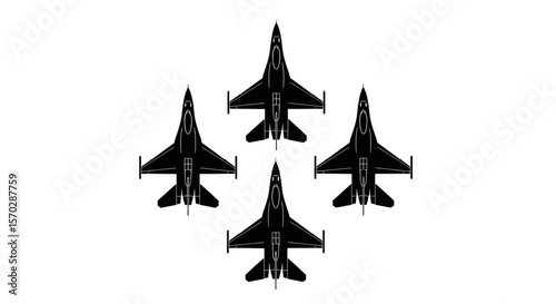 Four Black Silhouetted Fighter Jets in Formation Against White Background