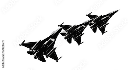 Three Black Fighter Jets in Formation, Detailed Silhouette