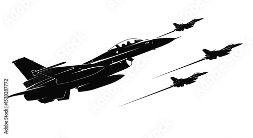 Black Silhouette of Four Fighter Jets in Formation with Vapor Trails