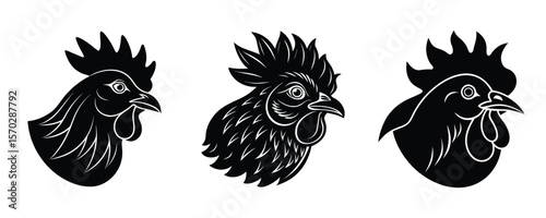 stylized rooster head silhouettes; black and white, vector illustration, strong graphic style.