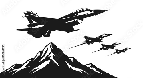 Silhouette of Four Fighter Jets in Flight Over a Mountain Peak