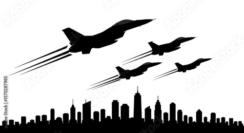 Silhouette of Four Fighter Jets Flying in Formation with Exhaust Trails