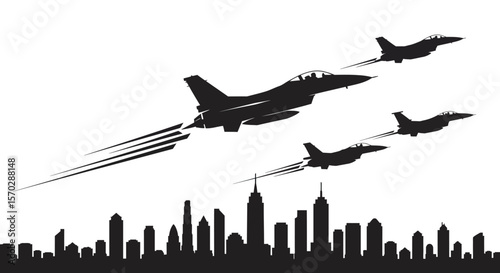 Three Black Silhouette Fighter Jets in Flight, Air Show Formation