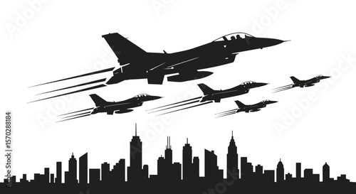 Silhouette of Five Jet Fighters Flying Above City Skyline