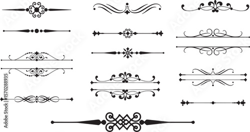 Elegant black vintage ornamental text dividers with flourishes, scrolls, and blank spaces.