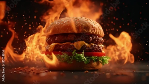 A hamburger with sesame seed bun, lettuce, and grilled patty is surrounded by bright flames, showing power, taste, and fiery cooking energy